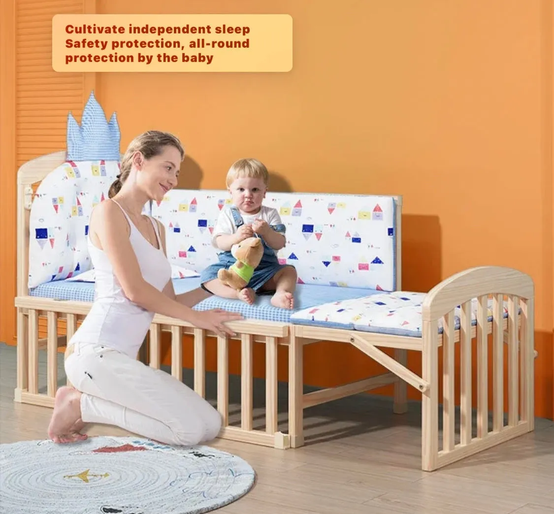 Multifunctional Wooden Co-Sleeper Bassinet Bed   Mattress   5-piece Bedding   Fold-Out Changing Table - BLUE