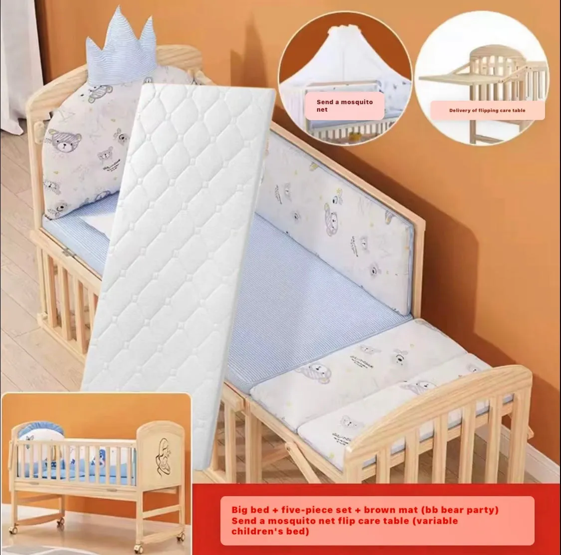 Multifunctional Wooden Co-Sleeper Bassinet Bed   Mattress   5-piece Bedding   Fold-Out Changing Table - BLUE