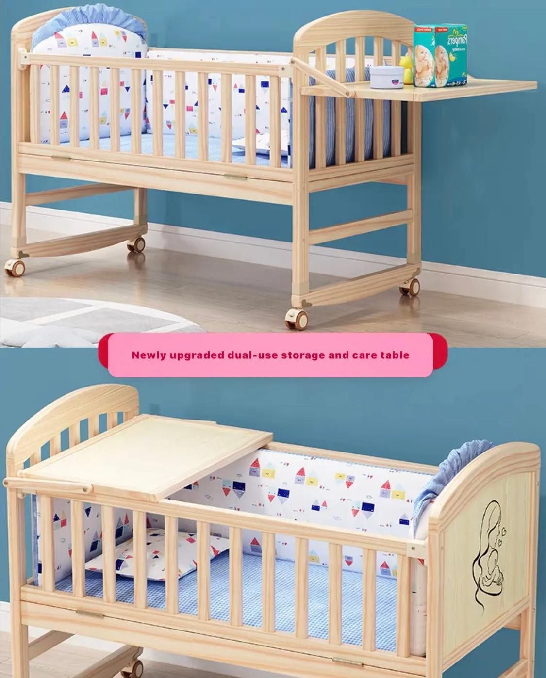 Multifunctional Wooden Co-Sleeper Bassinet Bed   Mattress   5-piece Bedding   Fold-Out Changing Table - BLUE