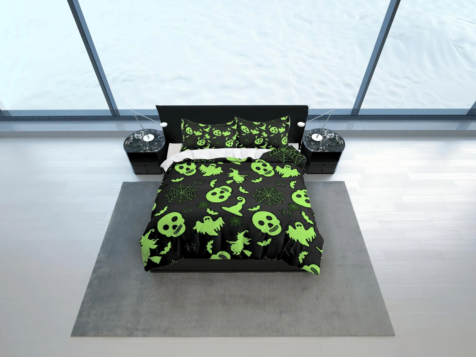 Neon green skulls and ghosts halloween bedding & pillowcase, gothic duvet cover, dorm bedding, goth decor toddler bedding, halloween gift