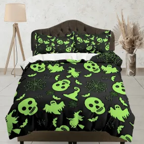 Neon green skulls and ghosts halloween bedding & pillowcase, gothic duvet cover, dorm bedding, goth decor toddler bedding, halloween gift