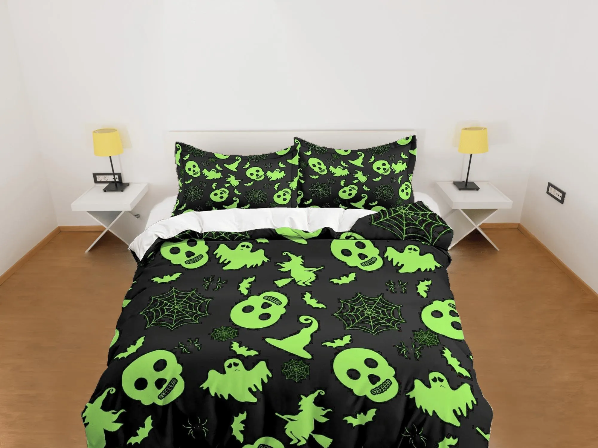 Neon green skulls and ghosts halloween bedding & pillowcase, gothic duvet cover, dorm bedding, goth decor toddler bedding, halloween gift