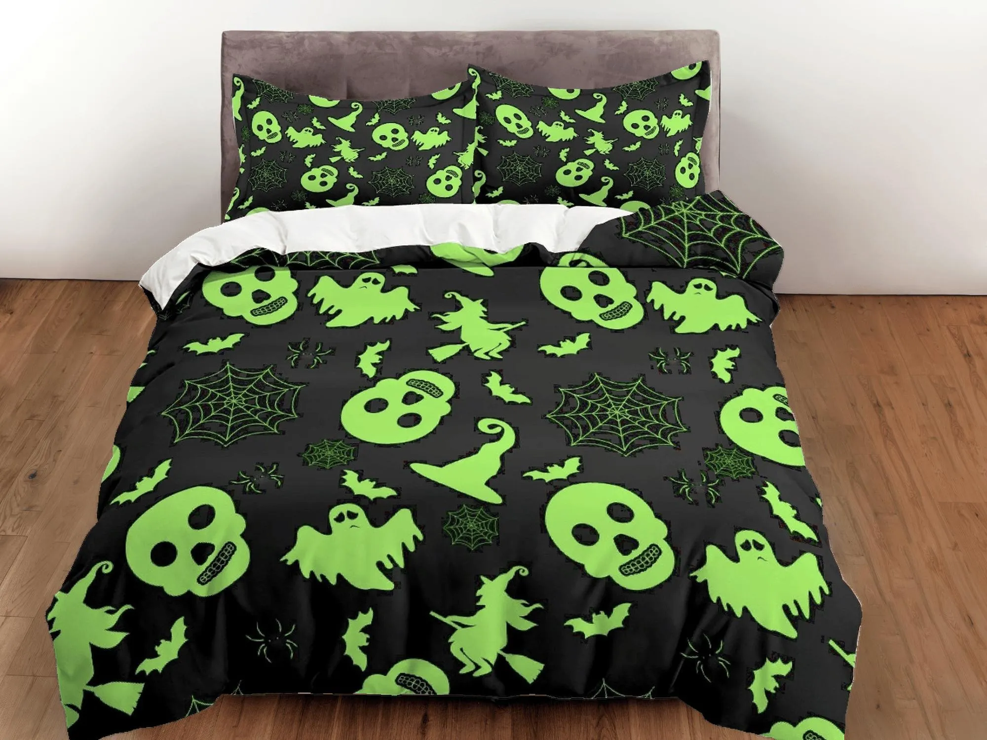 Neon green skulls and ghosts halloween bedding & pillowcase, gothic duvet cover, dorm bedding, goth decor toddler bedding, halloween gift