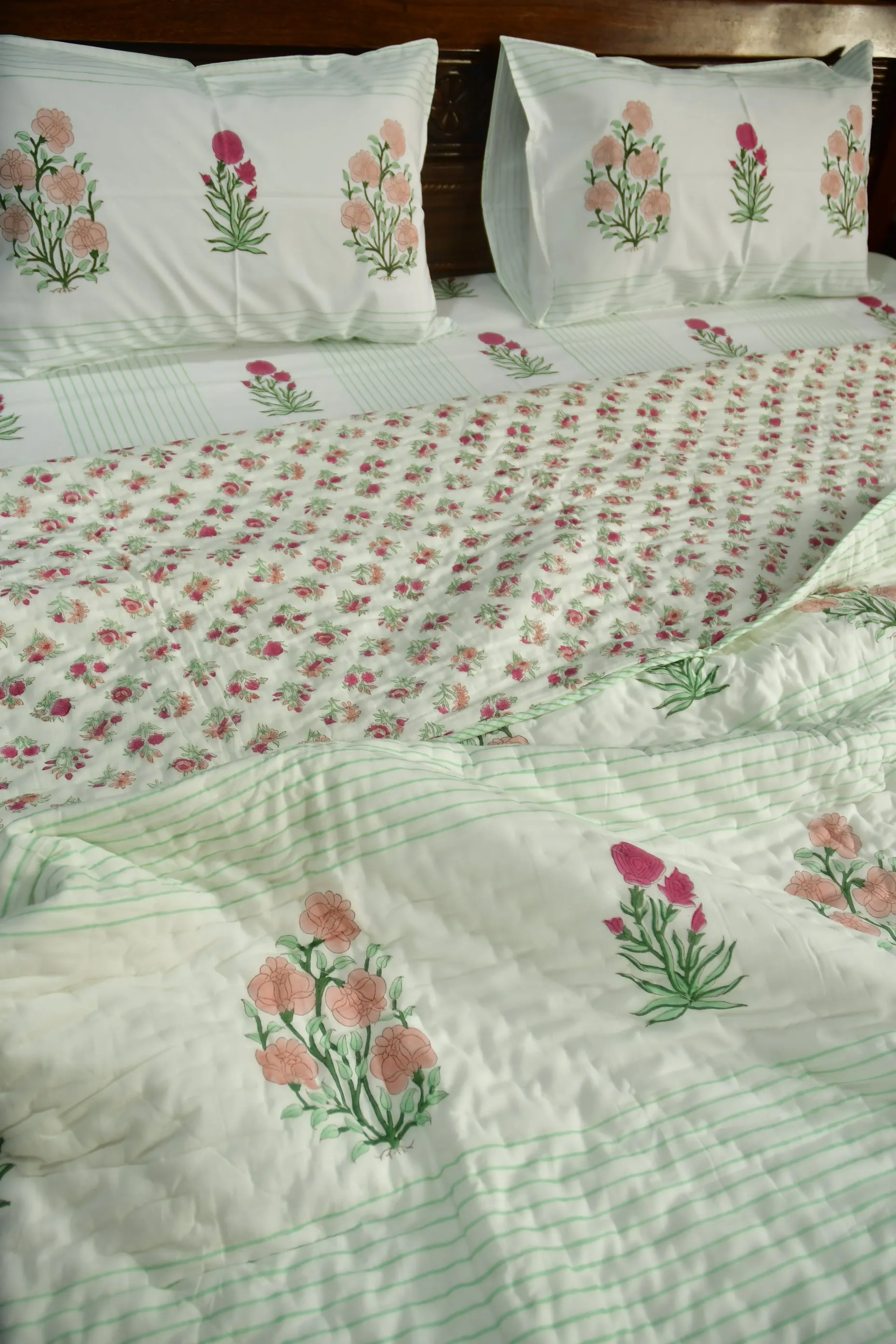 Peach and Pink Flower Premium  HandBlock Quilt Bedding set