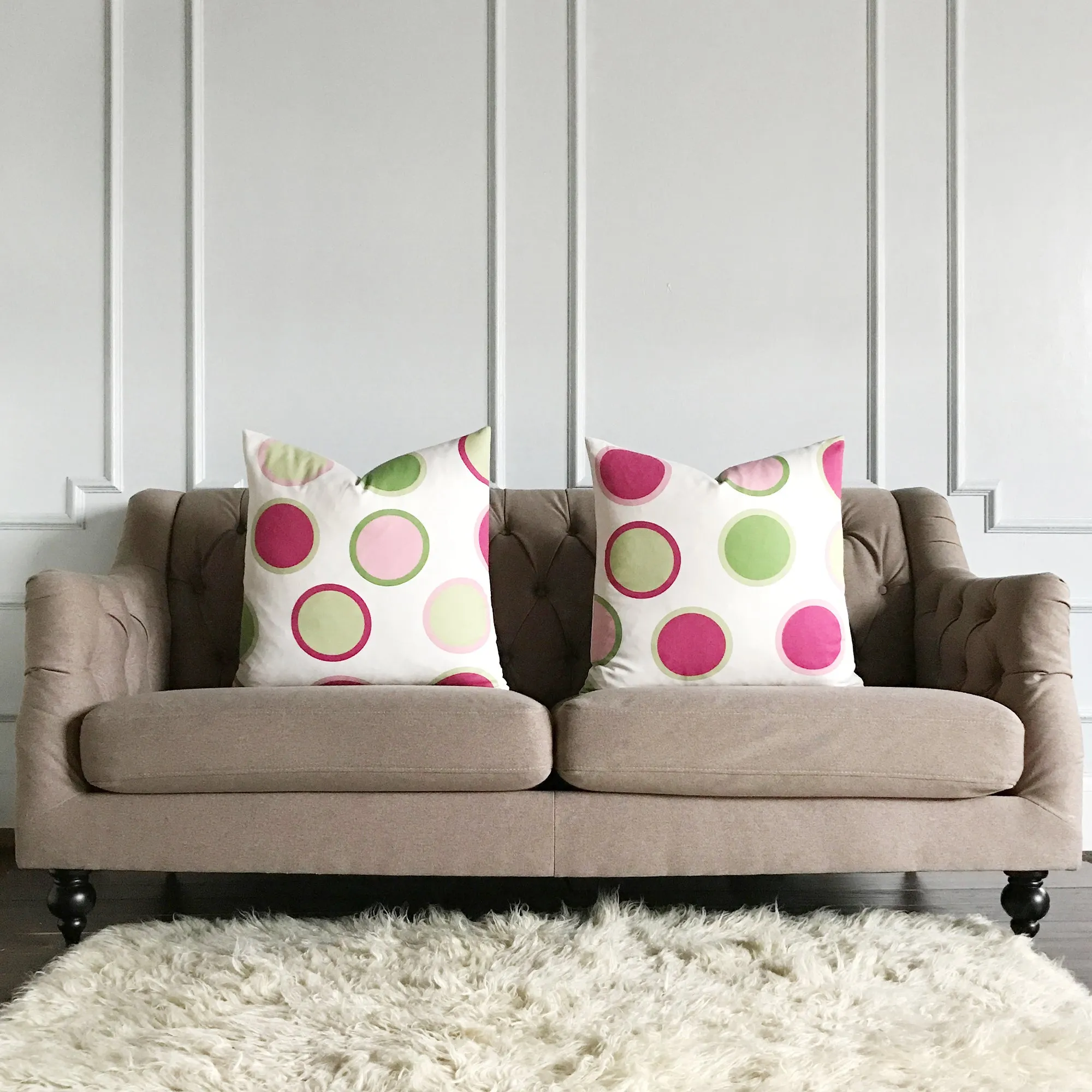 Pink and Lime Green Large Polka Dot Throw Pillow Cover