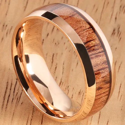 Pink Gold Stainless Natural Hawaiian Koa Wood Inlay Mens Wedding Ring Dome Shape 8mm Hawaiian Ring