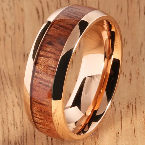 Pink Gold Stainless Natural Hawaiian Koa Wood Inlay Mens Wedding Ring Dome Shape 8mm Hawaiian Ring