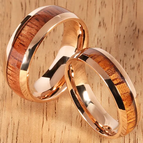 Pink Gold Stainless Natural Hawaiian Koa Wood Inlay Mens Wedding Ring Dome Shape 8mm Hawaiian Ring