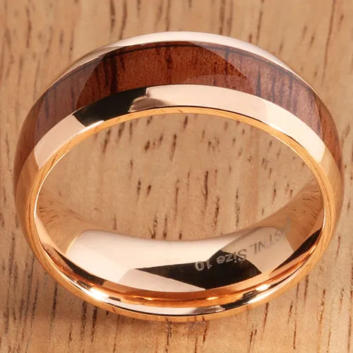 Pink Gold Stainless Natural Hawaiian Koa Wood Inlay Mens Wedding Ring Dome Shape 8mm Hawaiian Ring