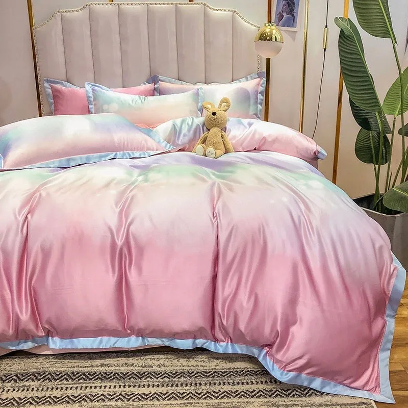 Pink Gradient Pastel Bedding Duvet Sheet Set Pillowcase, Flat Sheet, Duvet Cover