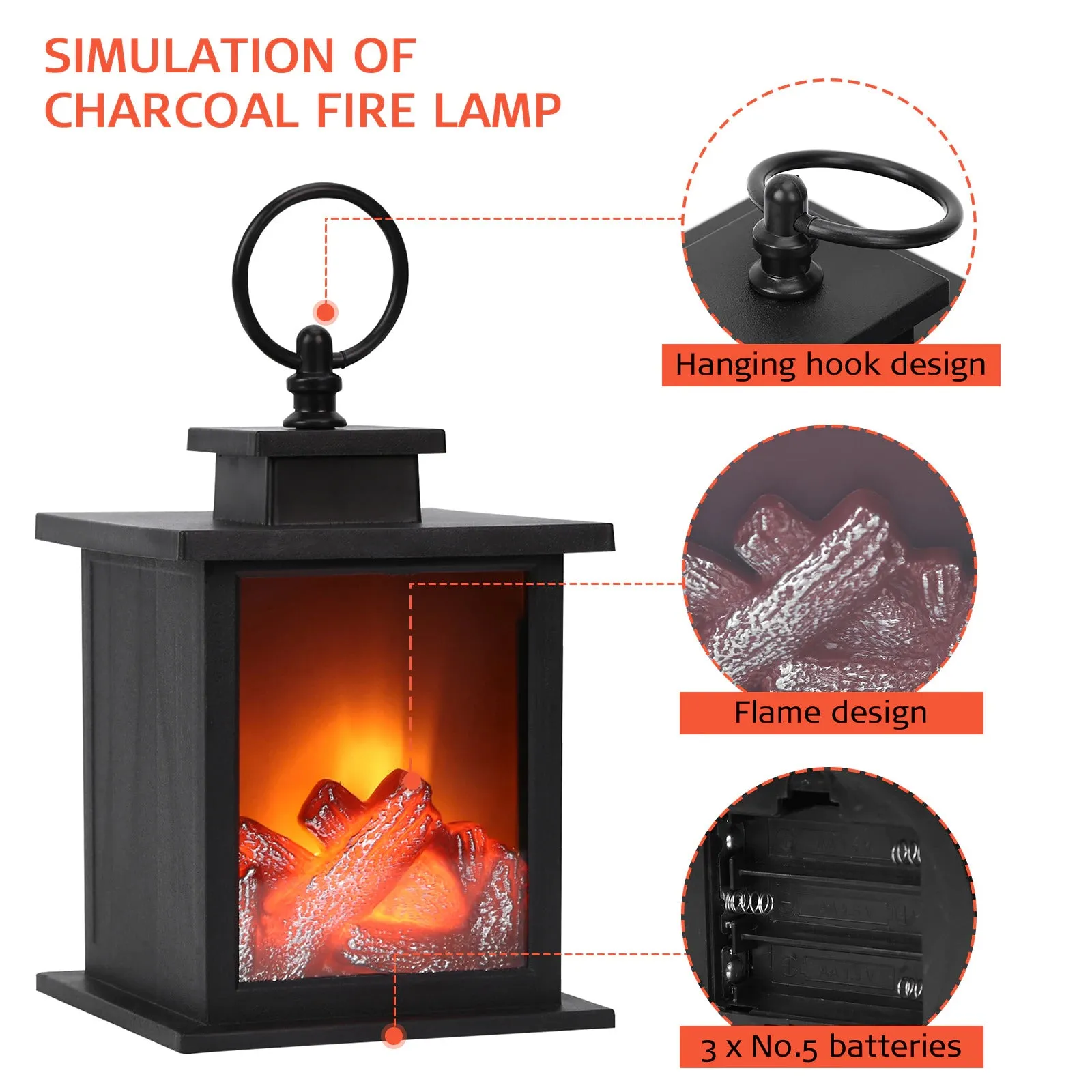 Portable LED Realistic Flame Effect Lantern With Hanging Hook JA-35