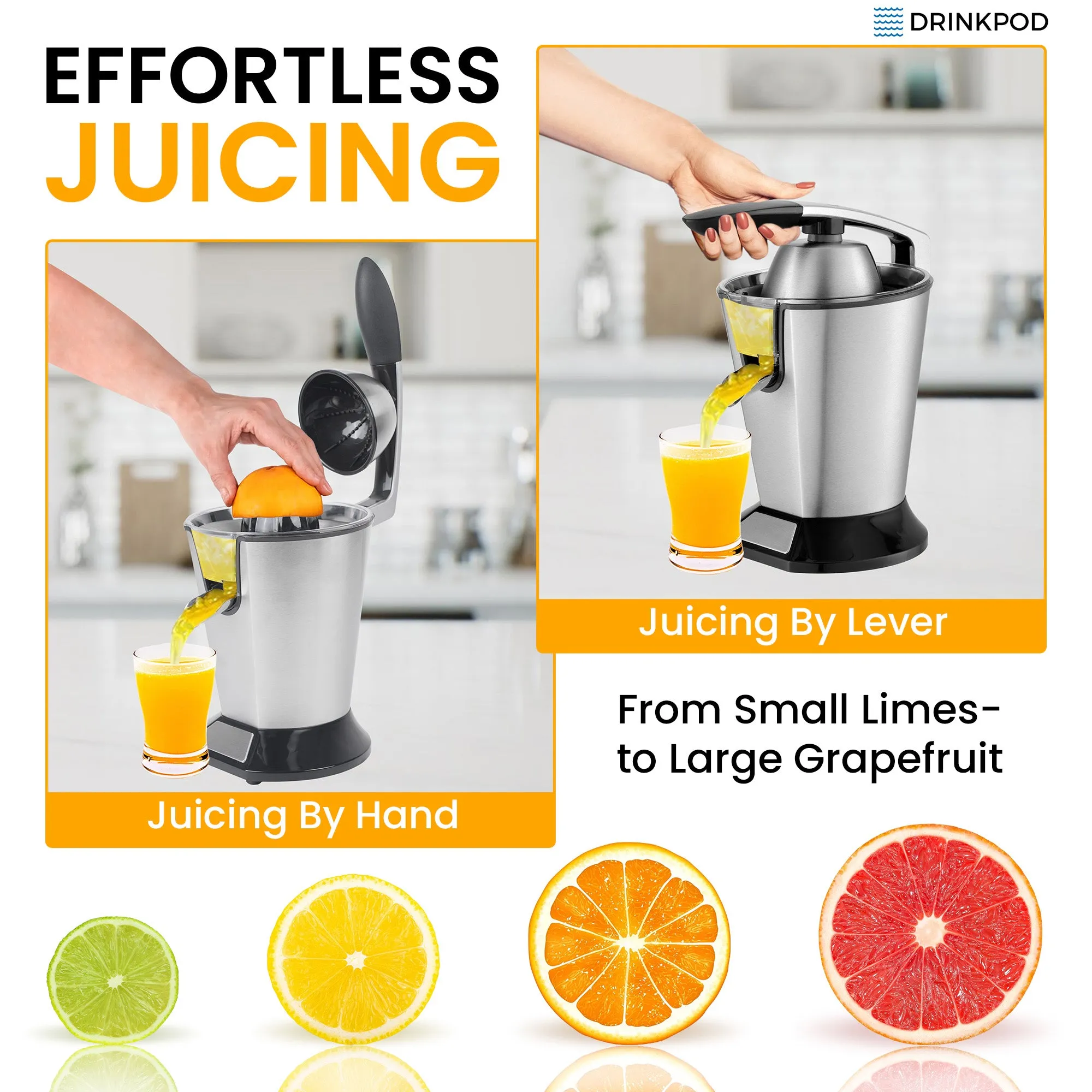 Premium Electric Orange Juicer | Stainless Steel Citrus Squeezer With New Ultra-Powerful Motor and Soft Grip Handle for Effortless Juicing, Auto Shutoff, Dishwasher-safe Parts, Pulp Control