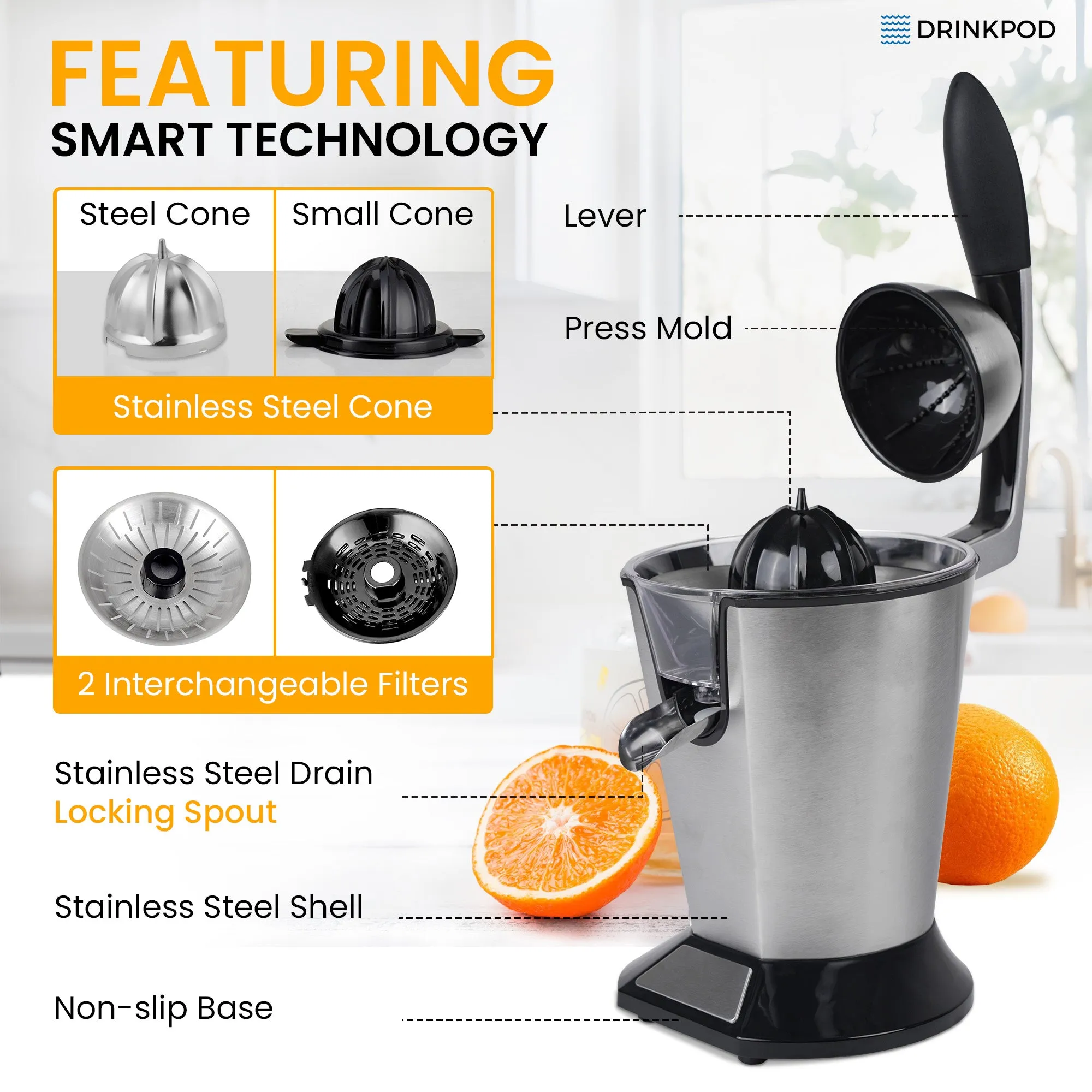 Premium Electric Orange Juicer | Stainless Steel Citrus Squeezer With New Ultra-Powerful Motor and Soft Grip Handle for Effortless Juicing, Auto Shutoff, Dishwasher-safe Parts, Pulp Control