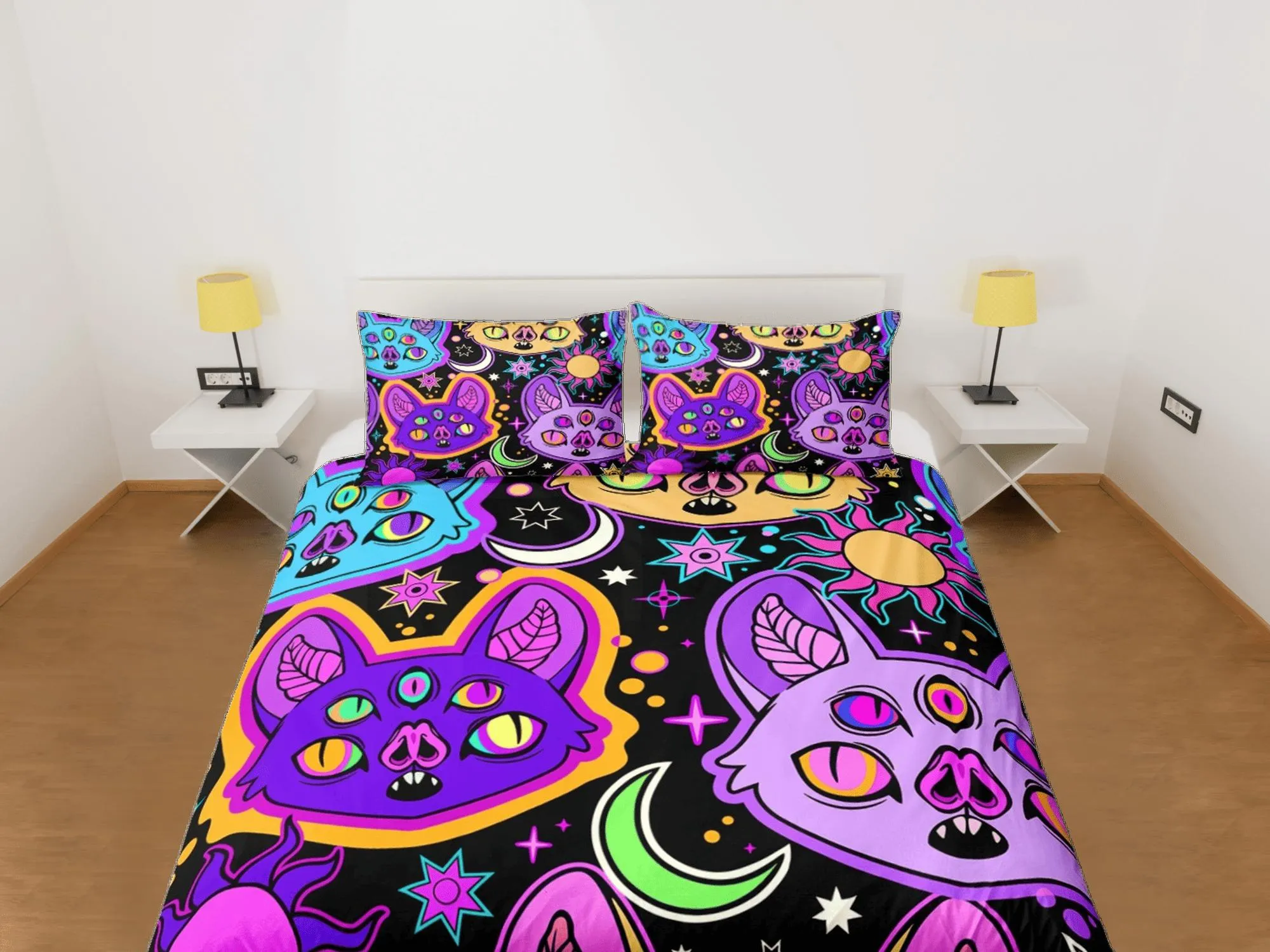 Psychedelic bats 90s neon halloween bedding hippie retro duvet cover set, colorful dorm bedding, teens bedroom, adult duvet, toddler bedding