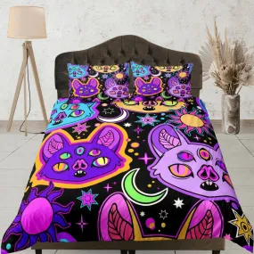 Psychedelic bats 90s neon halloween bedding hippie retro duvet cover set, colorful dorm bedding, teens bedroom, adult duvet, toddler bedding