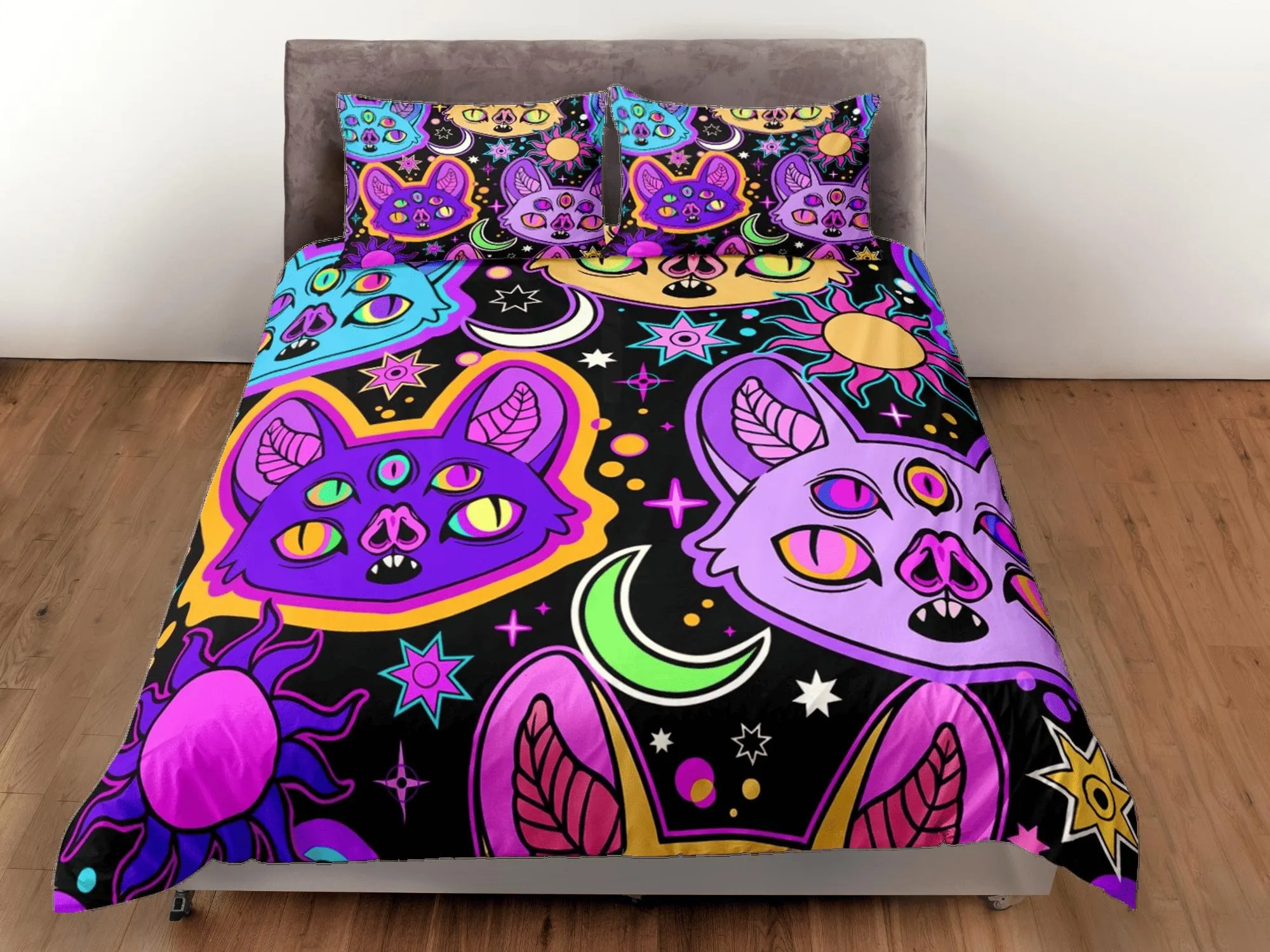 Psychedelic bats 90s neon halloween bedding hippie retro duvet cover set, colorful dorm bedding, teens bedroom, adult duvet, toddler bedding