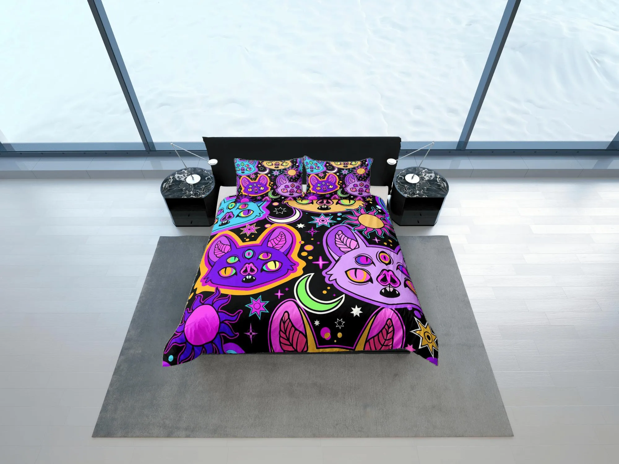 Psychedelic bats 90s neon halloween bedding hippie retro duvet cover set, colorful dorm bedding, teens bedroom, adult duvet, toddler bedding