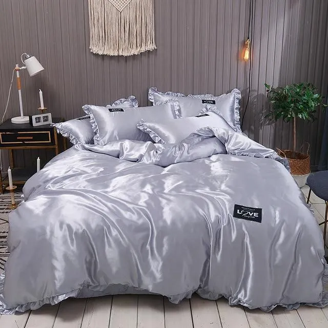 Pure Satin Silk Bedding Set Lace Luxury Duvet Cover Set Single Double Queen King Size Couple Quilt Covers White Gray Red