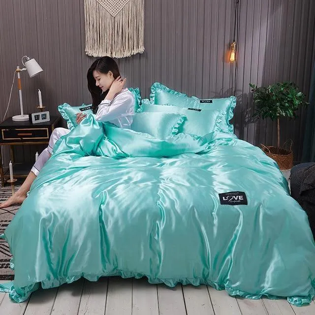 Pure Satin Silk Bedding Set Lace Luxury Duvet Cover Set Single Double Queen King Size Couple Quilt Covers White Gray Red