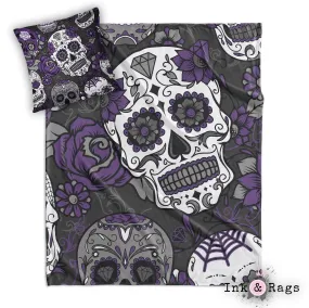 Purple and Grey Sugar Skull and Rose Decorative Throw and Pillow Cover Set