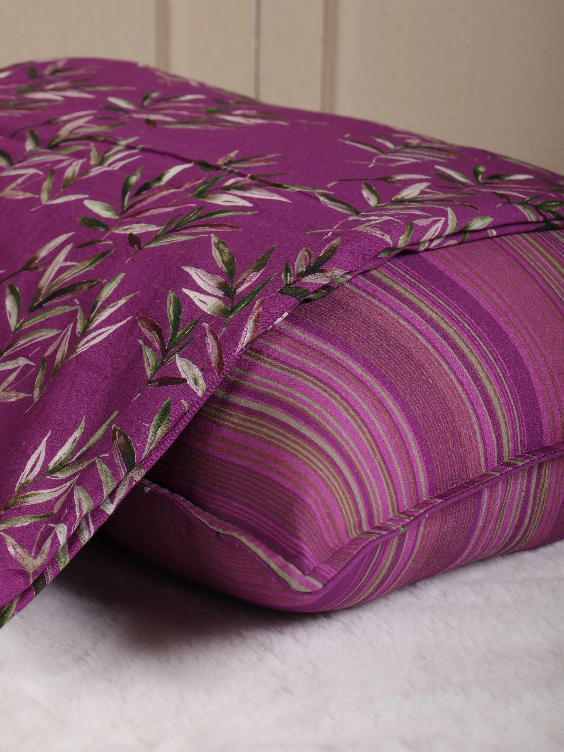 Purple Coral Leaved Printed Bed Sheet Set with 2 Pillow Covers