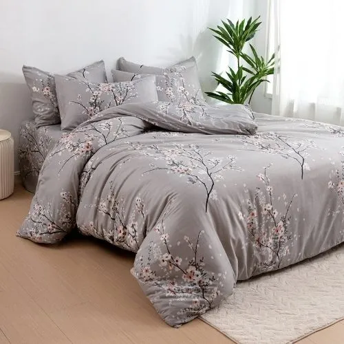 Queen size 6 piece duvet cover set gray plum blossom bedding set.