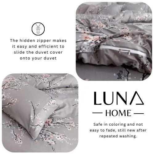 Queen size 6 piece duvet cover set gray plum blossom bedding set.