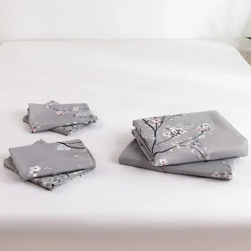 Queen size 6 piece duvet cover set gray plum blossom bedding set.