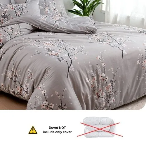 Queen size 6 piece duvet cover set gray plum blossom bedding set.