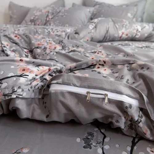 Queen size 6 piece duvet cover set gray plum blossom bedding set.