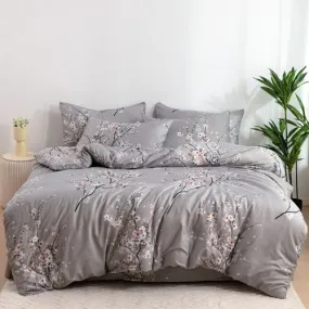 Queen size 6 piece duvet cover set gray plum blossom bedding set.