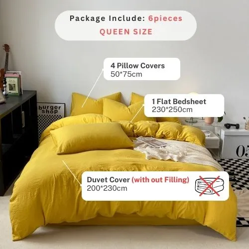 Queen size 6 Pieces bedding Set, Washable Cotton Yellow Color.