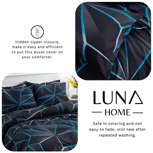 Queen size 6 pieces, Black with Blue Geometric Design Duvet cover set.