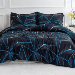 Queen size 6 pieces, Black with Blue Geometric Design Duvet cover set.