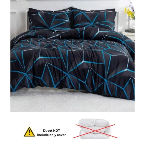 Queen size 6 pieces, Black with Blue Geometric Design Duvet cover set.