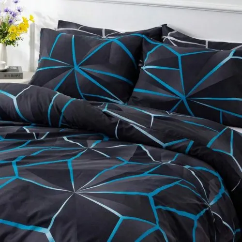 Queen size 6 pieces, Black with Blue Geometric Design Duvet cover set.