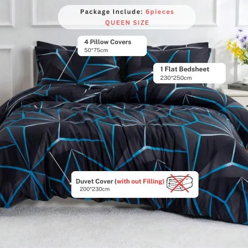 Queen size 6 pieces, Black with Blue Geometric Design Duvet cover set.