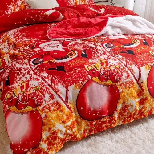 Queen/Double Size 6 Pieces Bedding Set Without Filler, Red Color Santa Claus and Christmas Ball Design