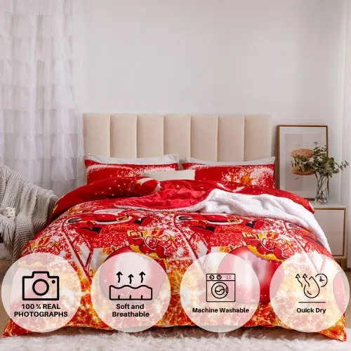 Queen/Double Size 6 Pieces Bedding Set Without Filler, Red Color Santa Claus and Christmas Ball Design