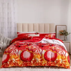 Queen/Double Size 6 Pieces Bedding Set Without Filler, Red Color Santa Claus and Christmas Ball Design