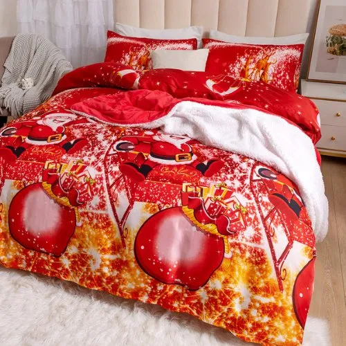 Queen/Double Size 6 Pieces Bedding Set Without Filler, Red Color Santa Claus and Christmas Ball Design