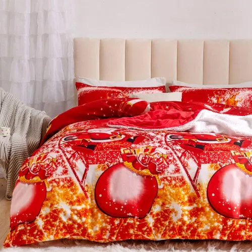 Queen/Double Size 6 Pieces Bedding Set Without Filler, Red Color Santa Claus and Christmas Ball Design