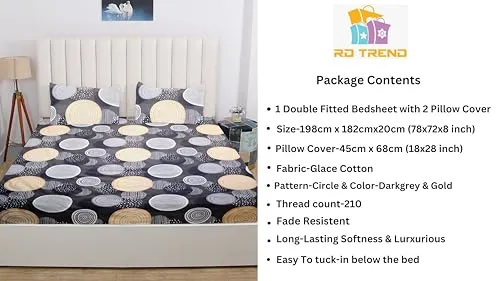 RD TREND Presents Luxurious Glace Cotton Super Soft 210 TC King Size (78X72X8 Inch) 360° Elastic Fitted Bedsheet with 2 Pillow Covers, Color Darkgrey&Gold Pattern-Circle