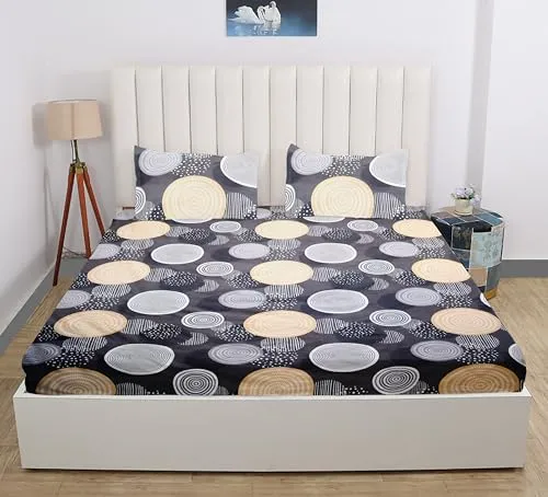 RD TREND Presents Luxurious Glace Cotton Super Soft 210 TC King Size (78X72X8 Inch) 360° Elastic Fitted Bedsheet with 2 Pillow Covers, Color Darkgrey&Gold Pattern-Circle