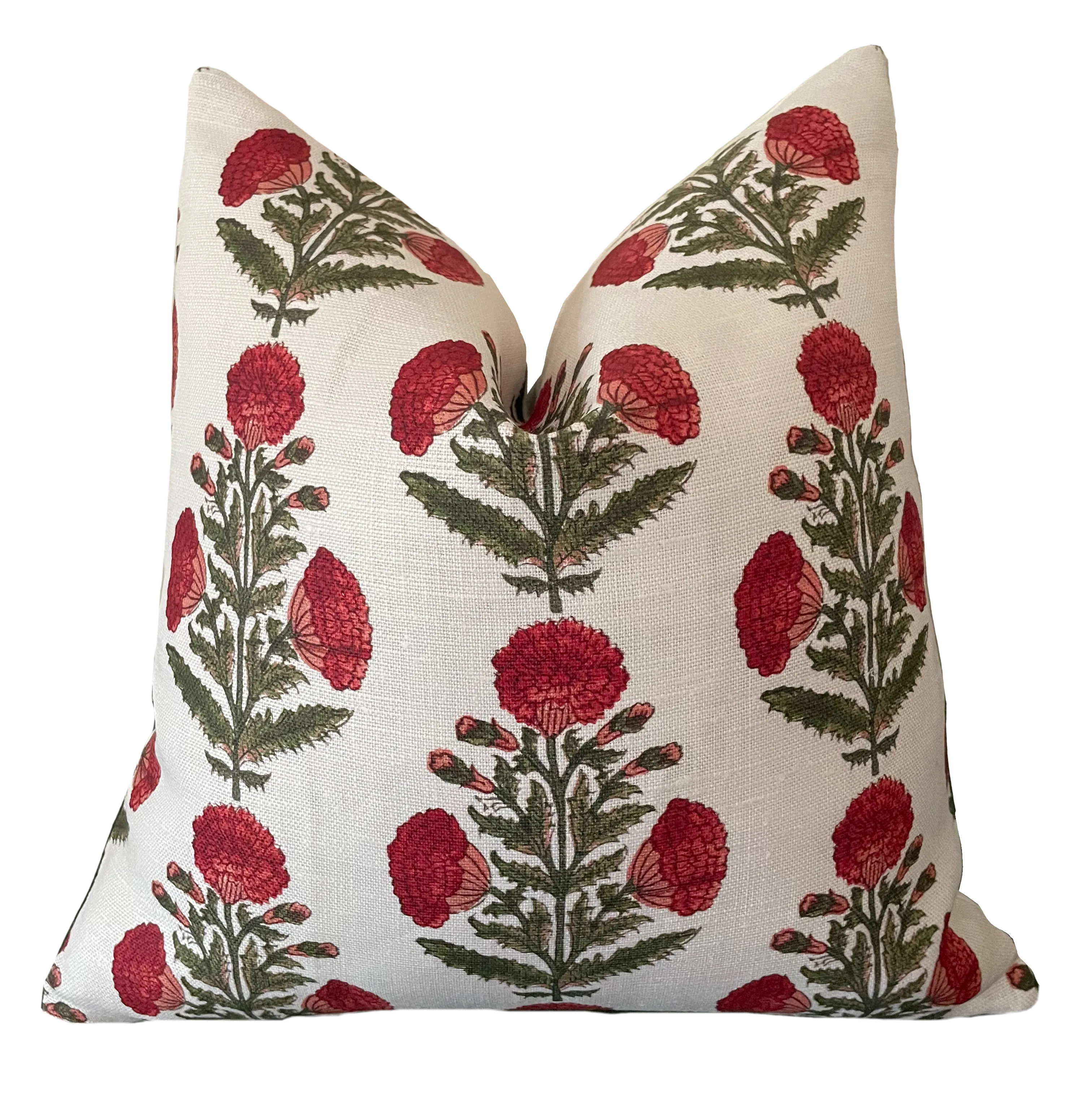 Red & Green Carnation Bouquet Block Printed Linen Pillow Cover: Available in 10 Sizes