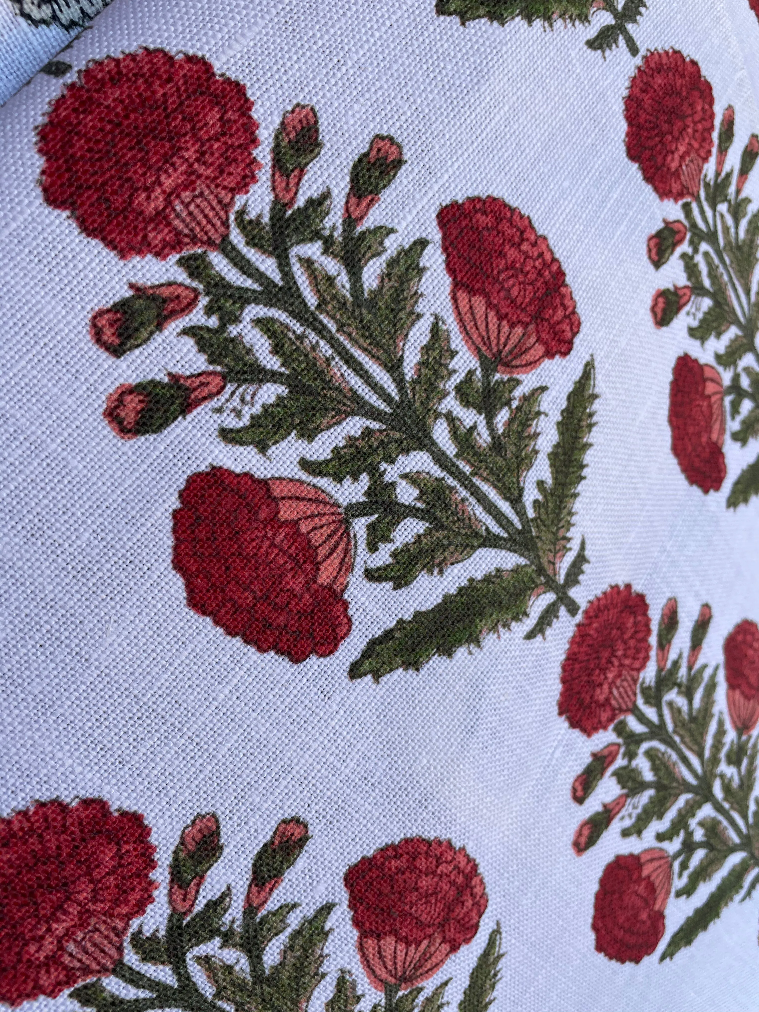 Red & Green Carnation Bouquet Block Printed Linen Pillow Cover: Available in 10 Sizes