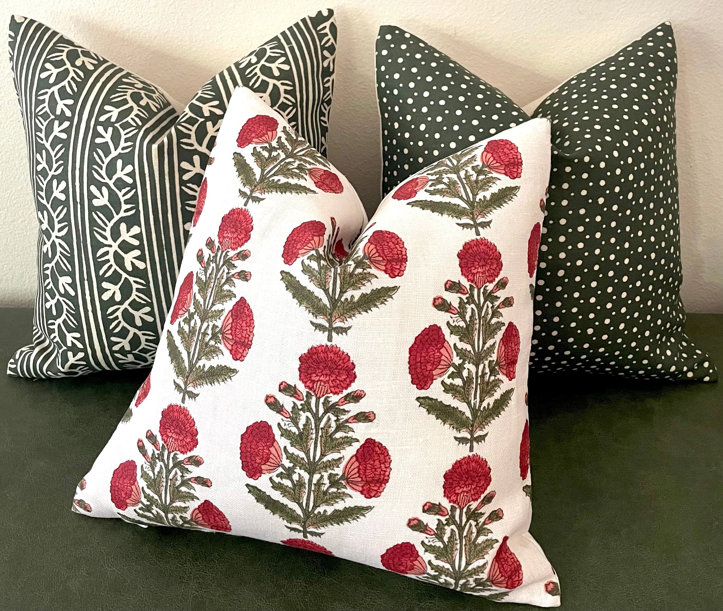 Red & Green Carnation Bouquet Block Printed Linen Pillow Cover: Available in 10 Sizes