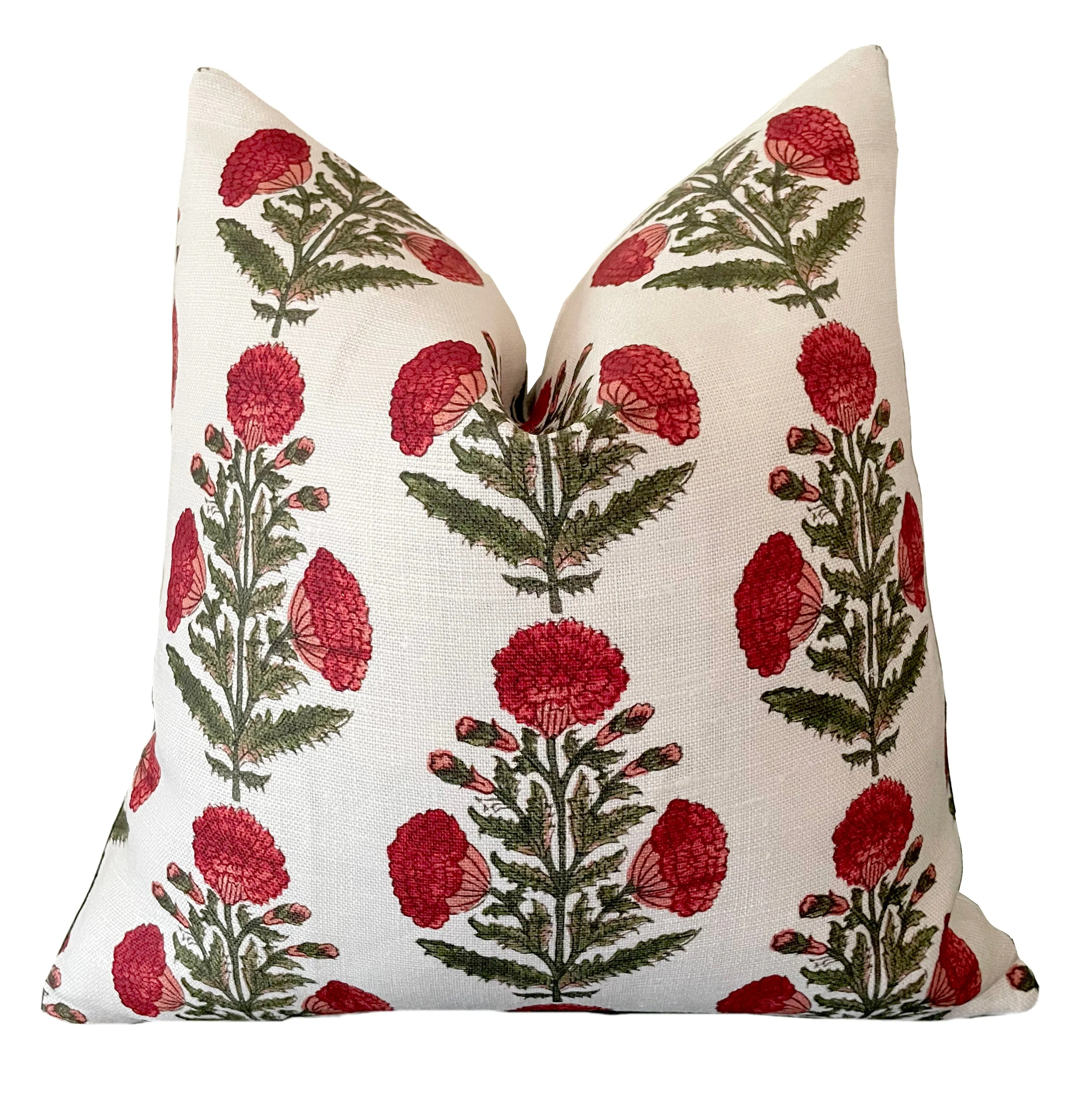 Red & Green Carnation Bouquet Block Printed Linen Pillow Cover: Available in 10 Sizes