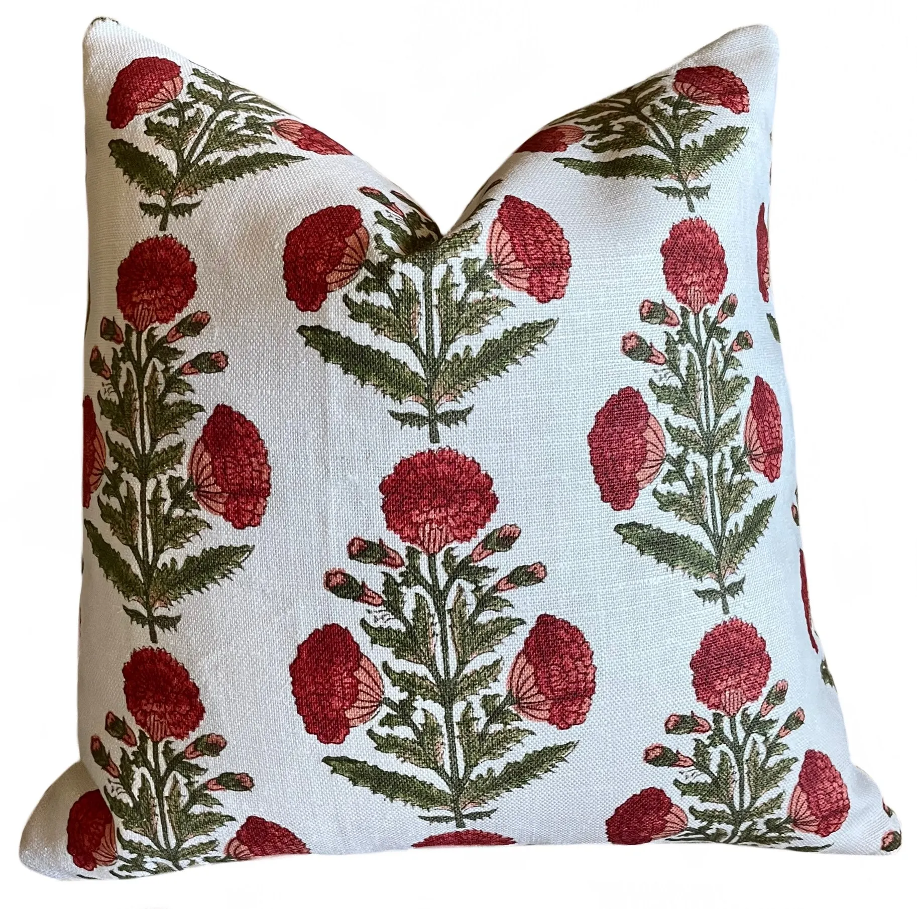 Red & Green Carnation Bouquet Block Printed Linen Pillow Cover: Available in 10 Sizes