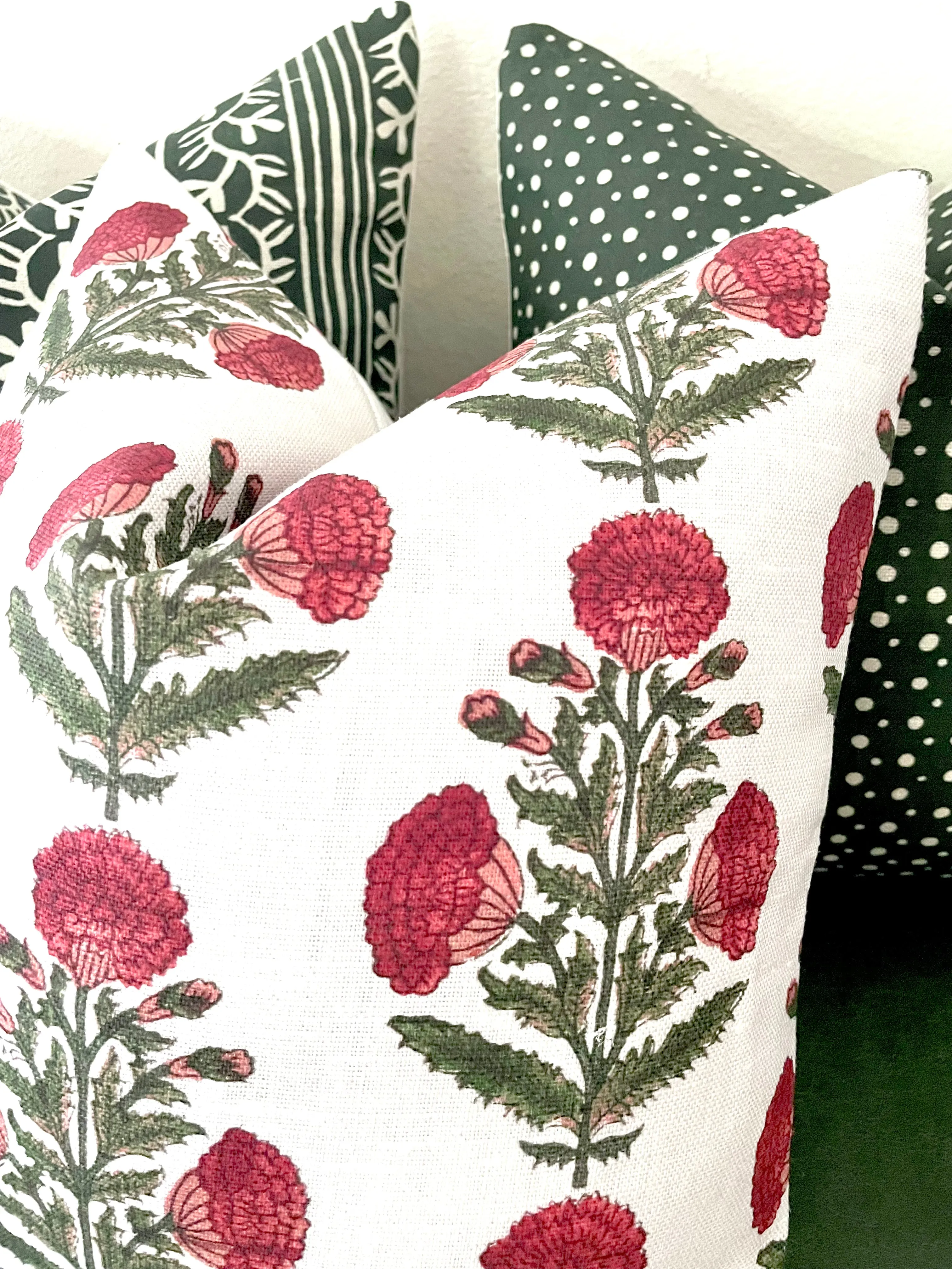 Red & Green Carnation Bouquet Block Printed Linen Pillow Cover: Available in 10 Sizes